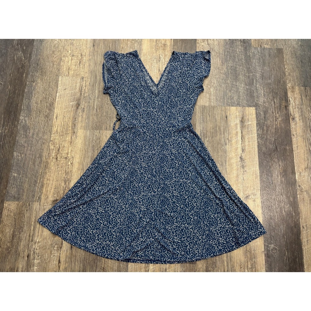 Kaileigh Navy Blue White Ditsy Floral Faux Wrap Ruffle Sleeve Dress XS - Picture 5 of 5